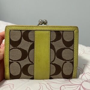 Coach Brown Signature Canvas Wallet with Lime Trim